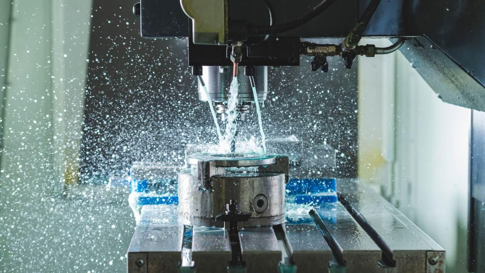 CNC mill cutting a metal part under flood coolant